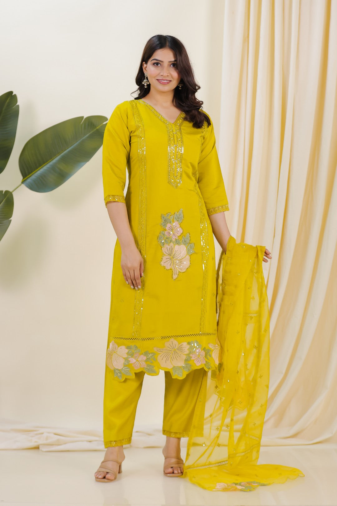 Olive Yellow Muslin Suit with Embroidery, Bottom & Dupatta