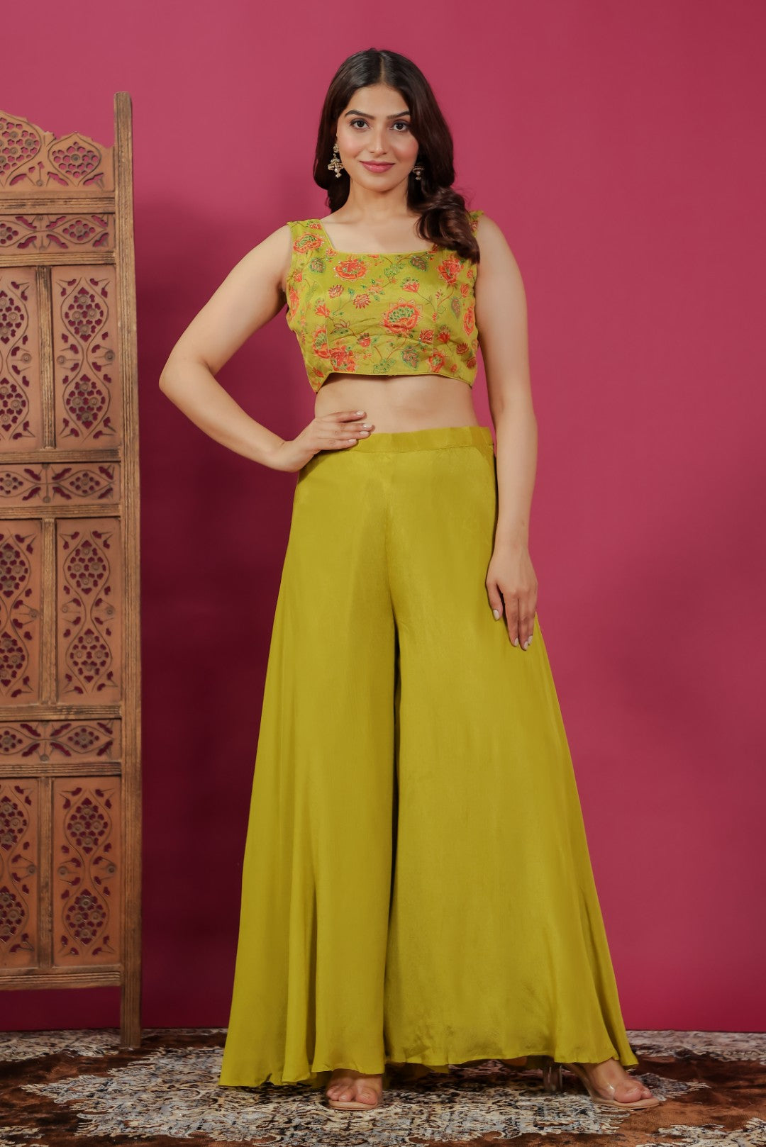 Mehendi Green Chinon Silk Printed Blouse, Sharara & Handwork Shrug