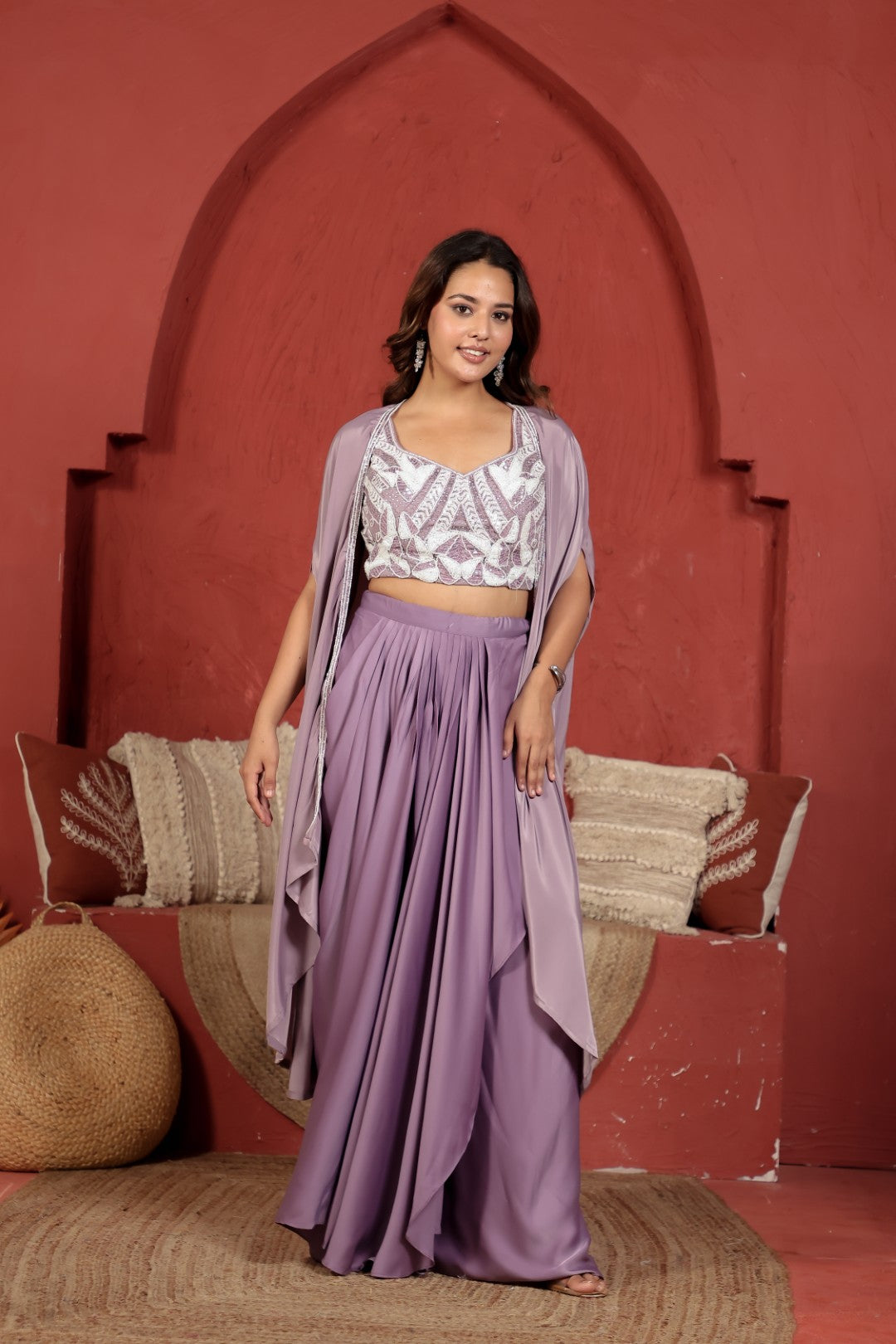 Lavender Crepe Silk Blouse with Pearl & Piping Handwork, Sharara & Shrug