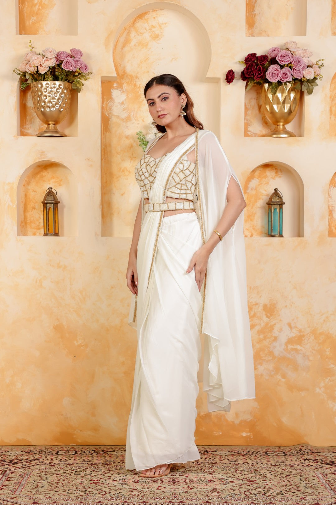 Off White Georgette Drape Saree with Belt, Piping Blouse & Shrug