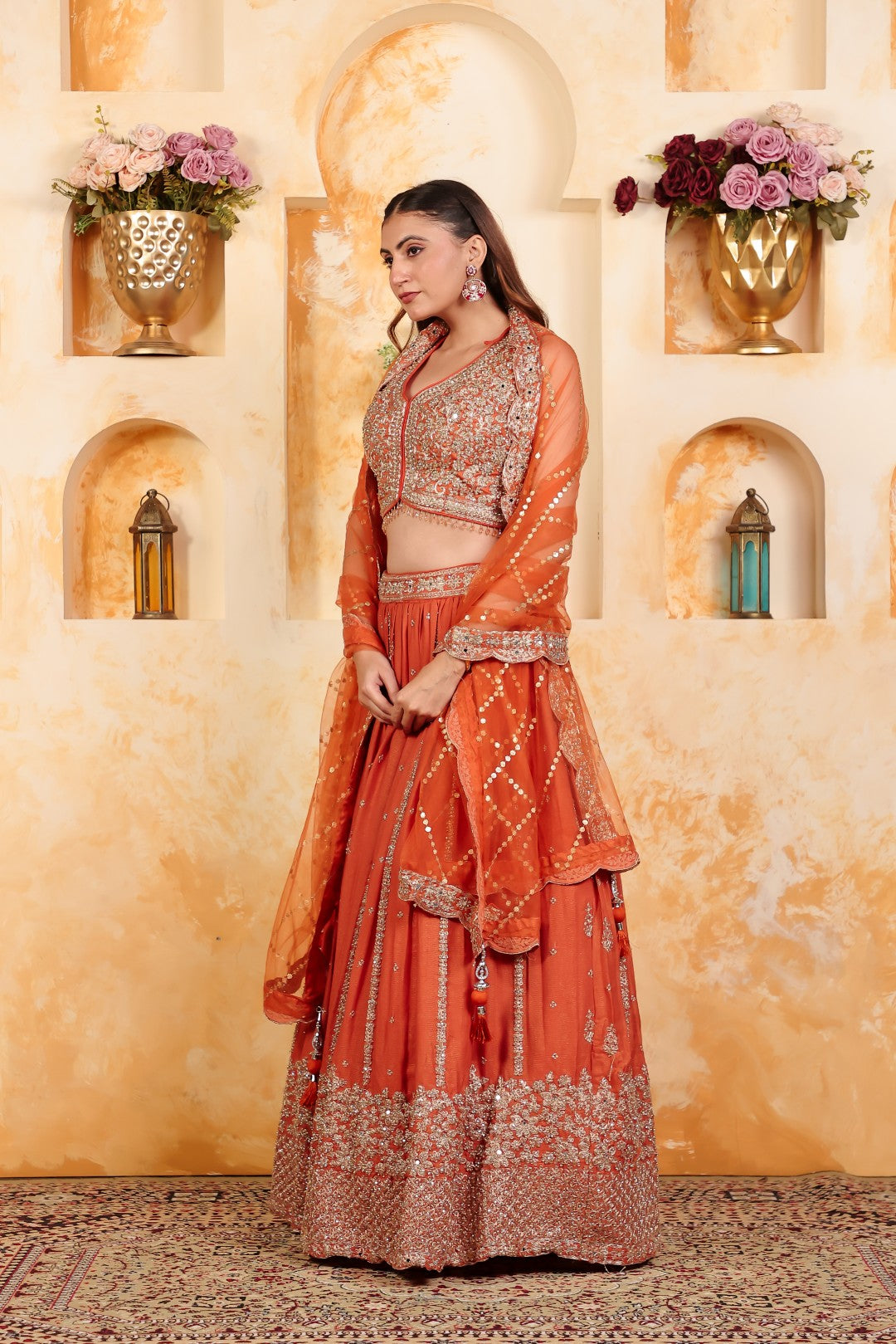 Rust Simmer Chinon Lehenga Zari work with Matching Blouse & Net Dupatta