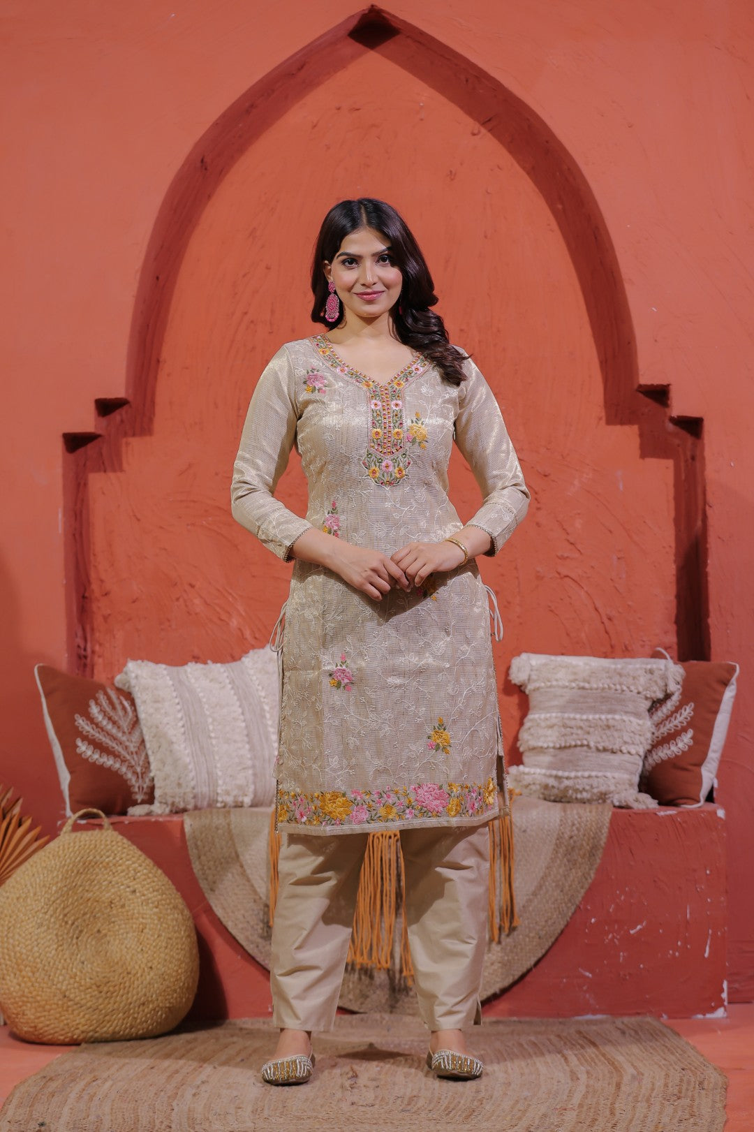 Beige Pure Chanderi Silk Suit with Thread Jaal Embroidery, Pant & Dupatta