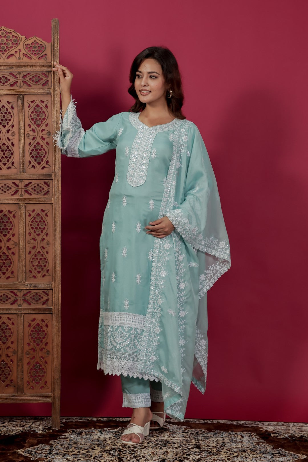 Sky Blue Organza Suit with Thread Work, Bottom & Dupatta