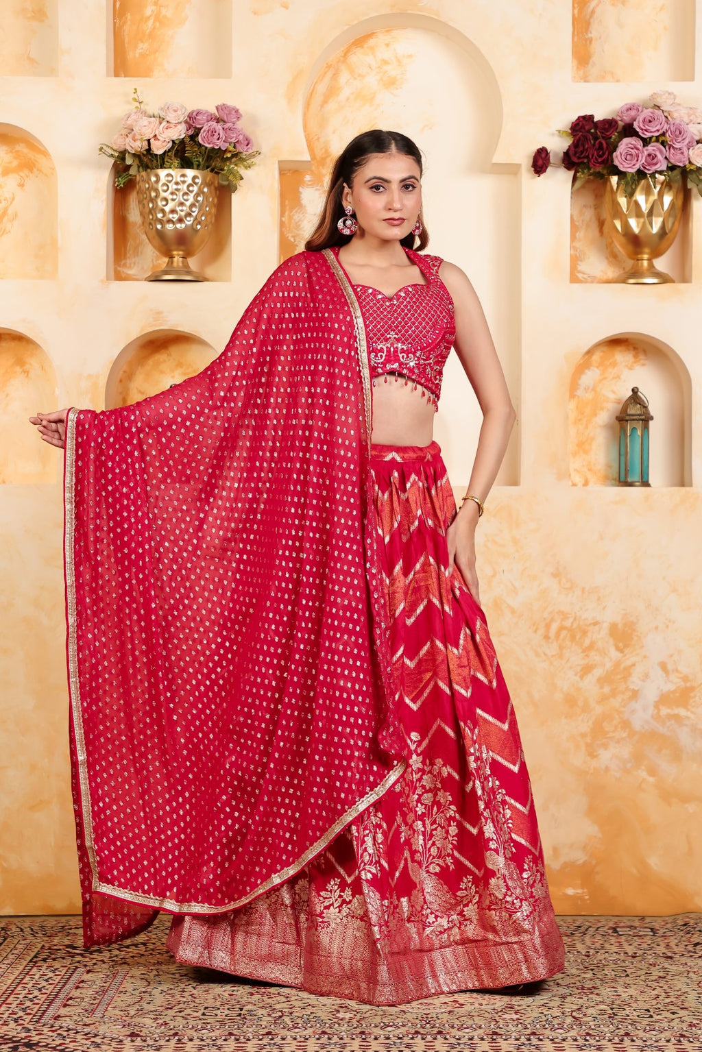 Rani Pink Dola Silk Blouse with Zari Work, Lehenga & Dupatta