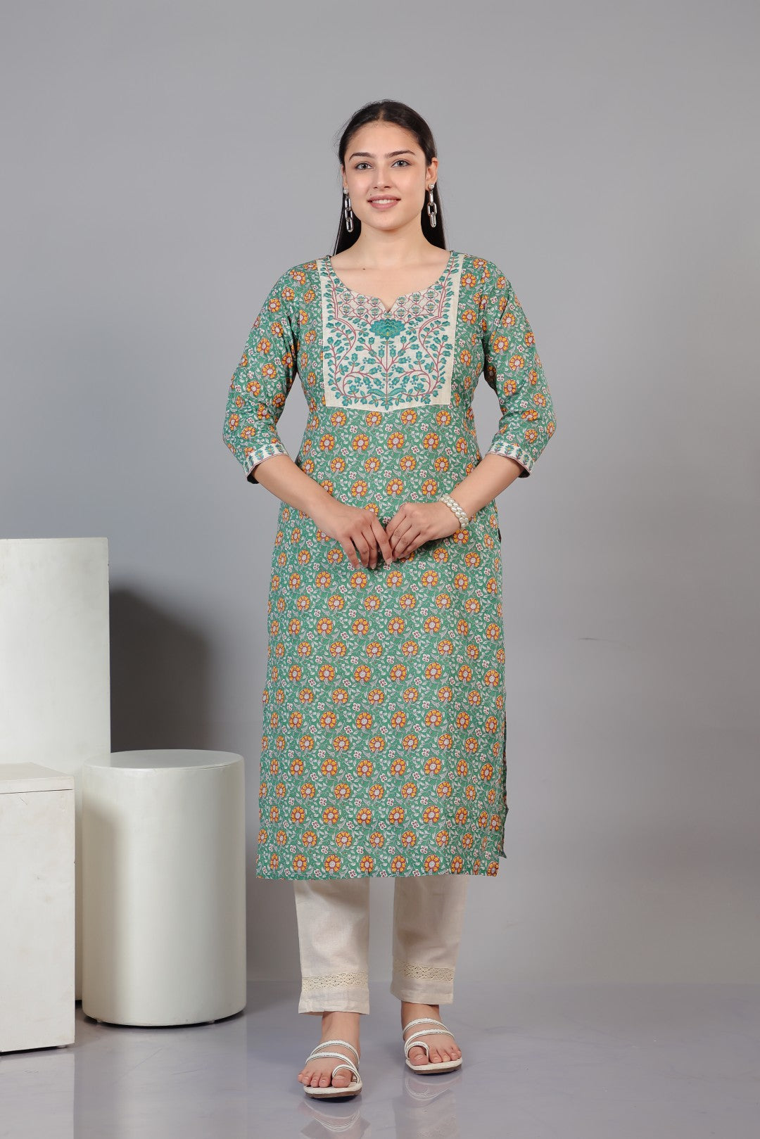 Green Cotton Printed Suit with Thread, Bottom & Dupatta