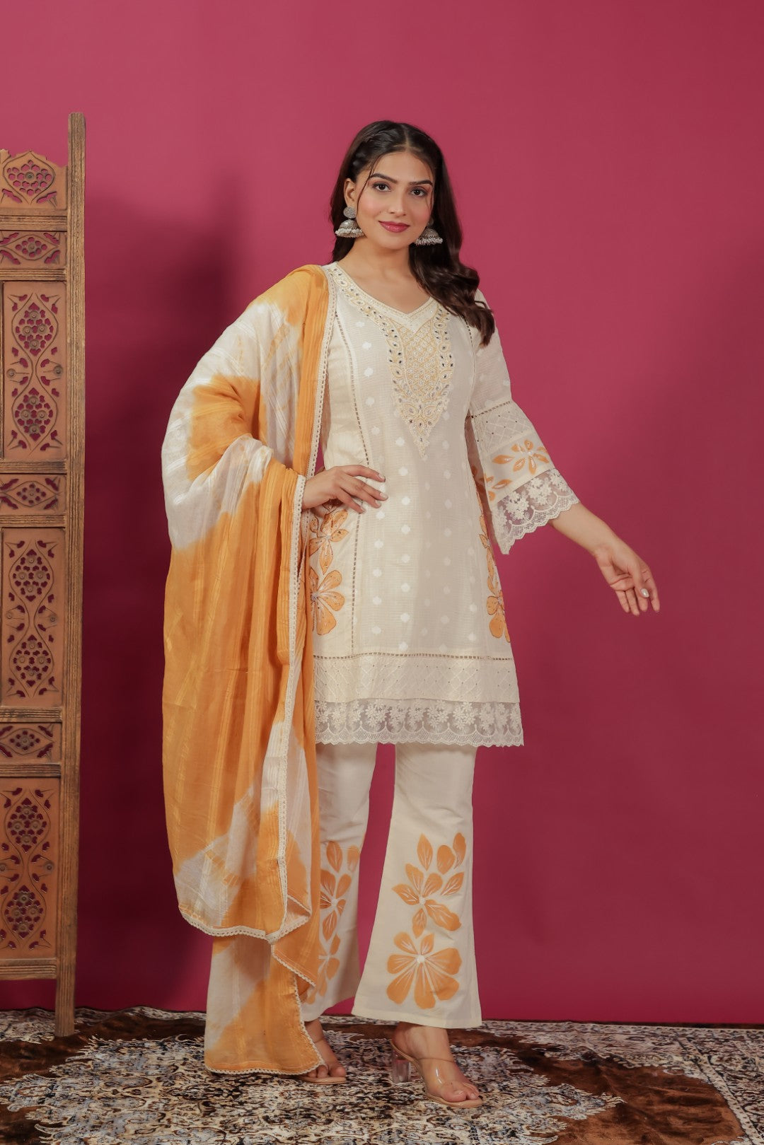 Off White Cotton Chikankari Handwork Co-ord Set with Dupatta