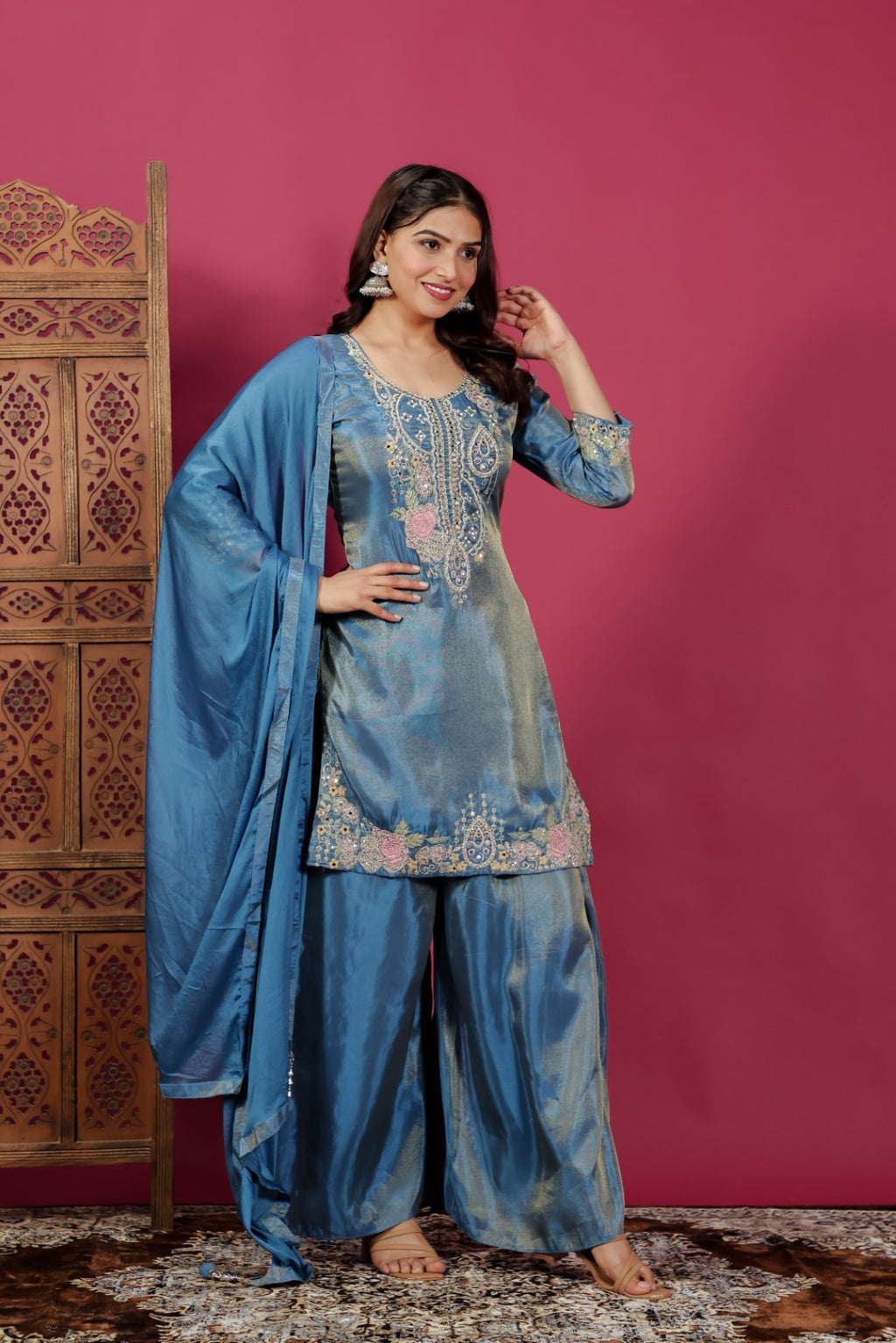 Diesel Blue Mosh Silk Handwork Suit, Palazzo & Dupatta