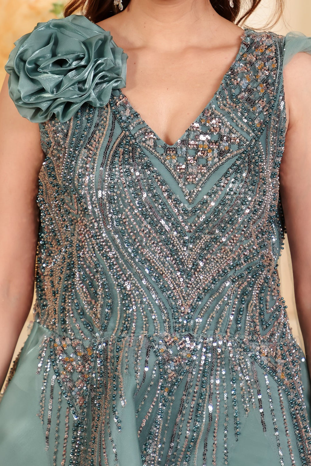 Teal Green Jimmy Choo Gown with Handwork & Attached Net Dupatta