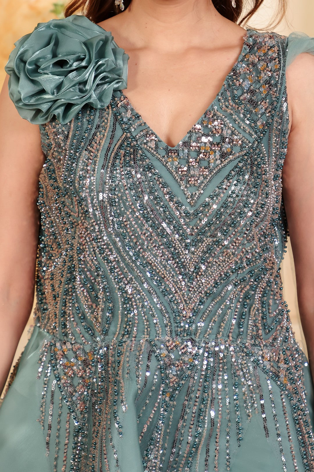 Teal Green Jimmy Choo Gown with Handwork & Attached Net Dupatta