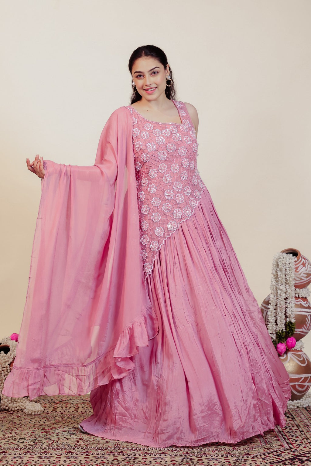 Baby Pink Chinon Silk with Patch Handwork Gown & Dupatta