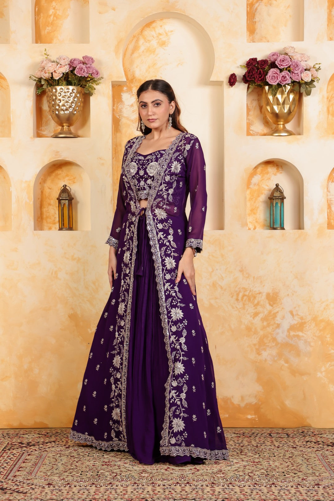 Purple Georgette Blouse with Thread & Stone Work, Lehenga & Long Jacket Shrug