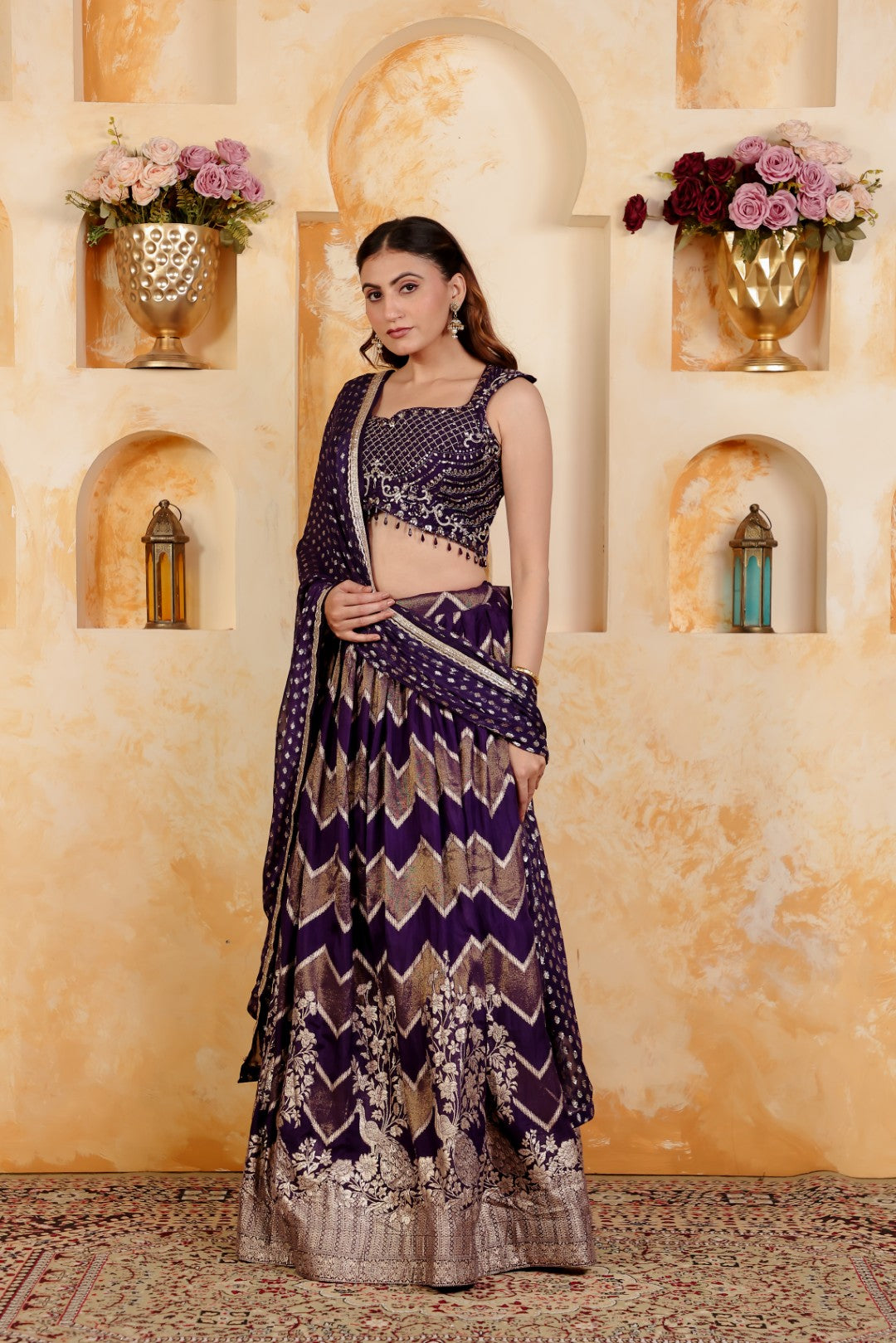 Purple Dola Silk Blouse with Zari Work, Lehenga & Dupatta
