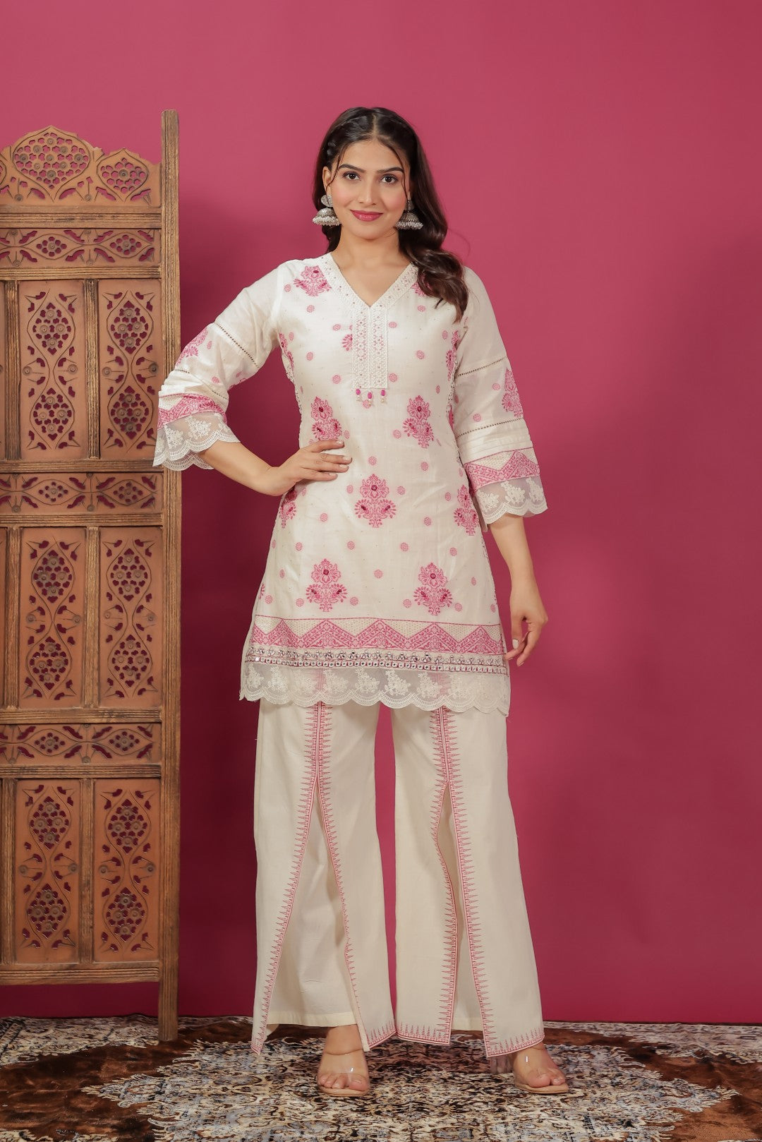 Off White Cotton Jacquard Work Co-ord Set with Dupatta