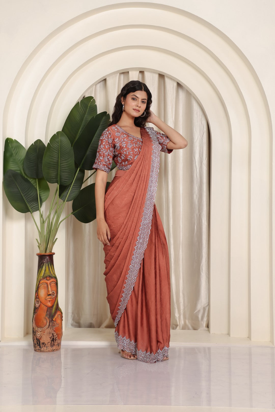 Rust Mosh Crush Draped Saree with Jarkan Work & Matching Blouse