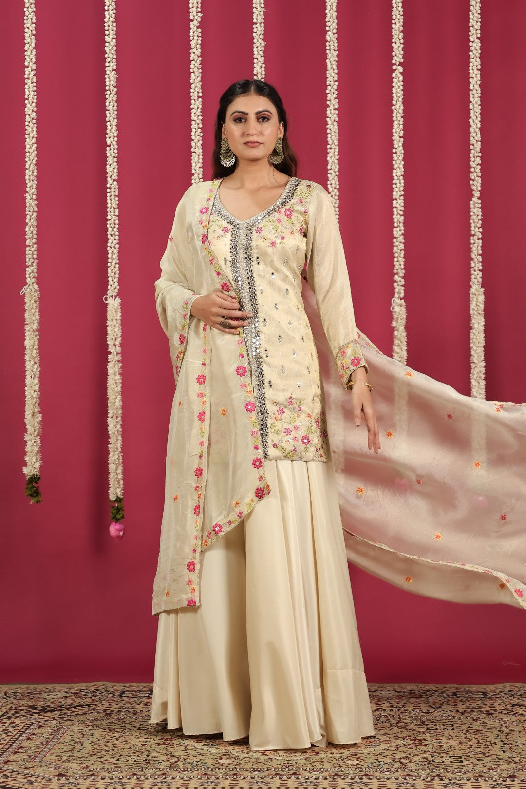 Beige Mosh Silk Short Kurti with Thread & Mirror Work, Sharara & Dupatta
