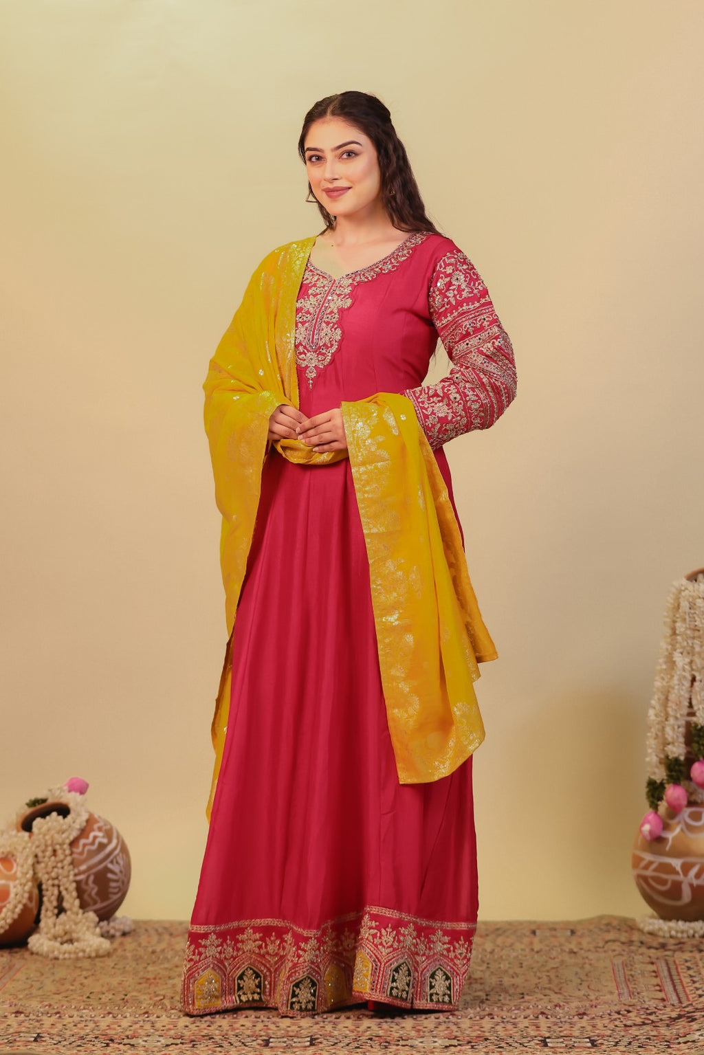 Rani Pink Vichitra Silk with Zari Work Gown & Dupatta