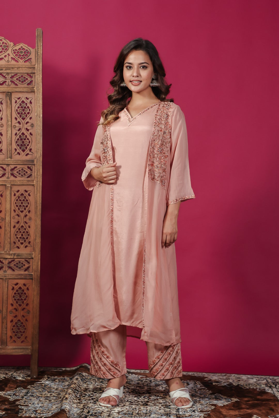 Peach Silk Suit with Thread Work, Long Jacket & Palazzo Pant