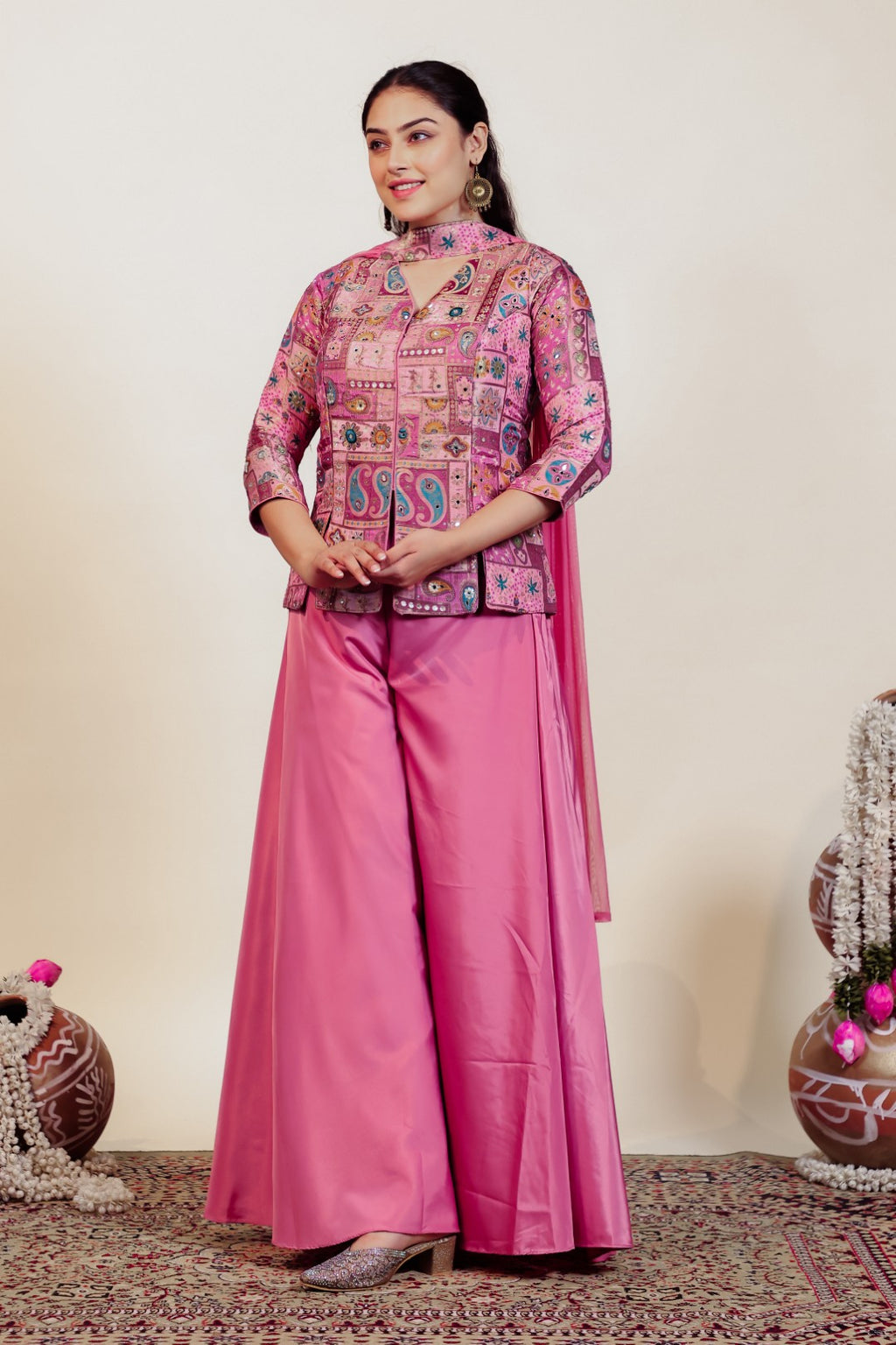 Baby Pink Silk Top with Banarsi Position Print, Sharara & Dupatta