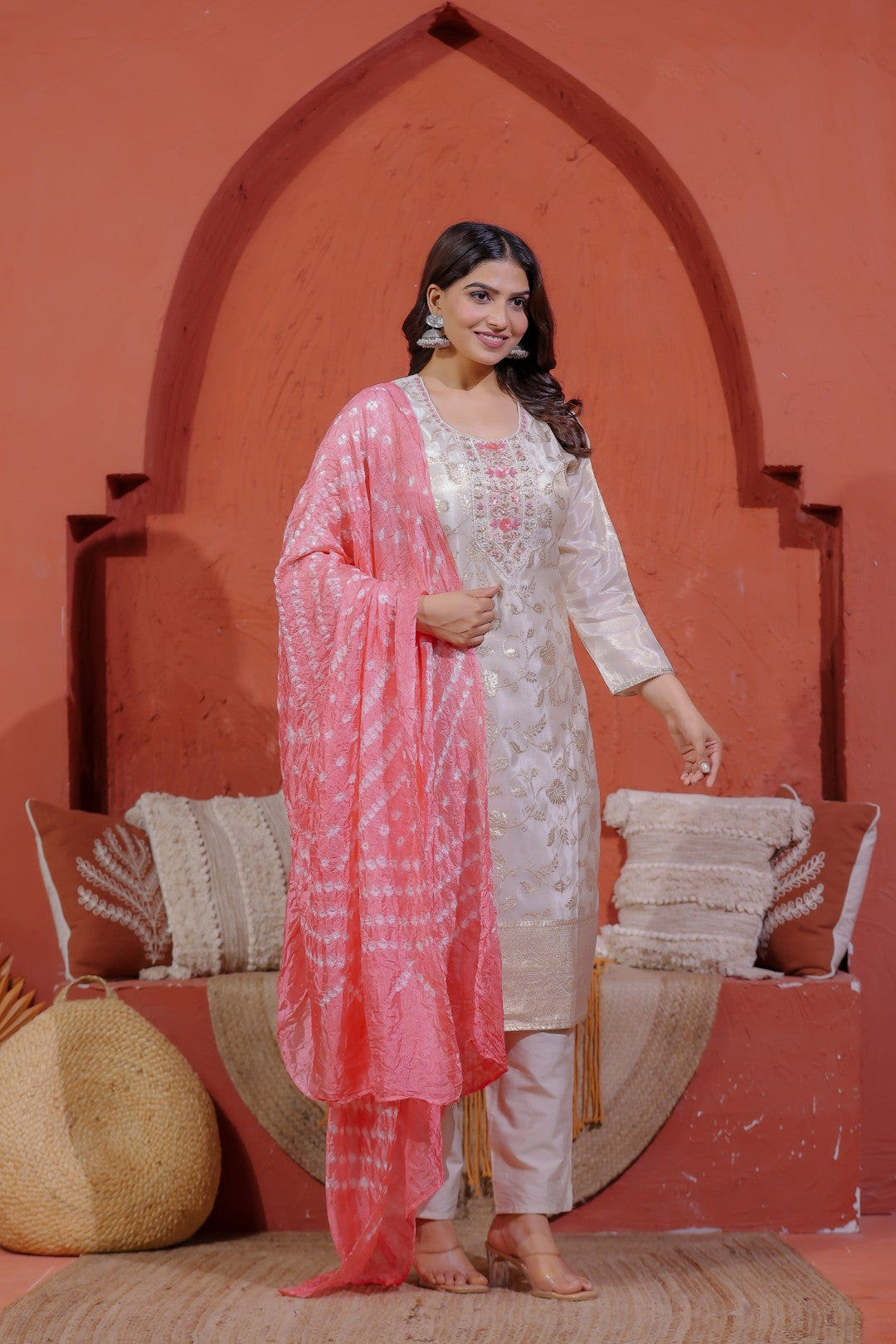 Off White Mosh Silk Suit with Full Banarasi Work, Pant & Dupatta