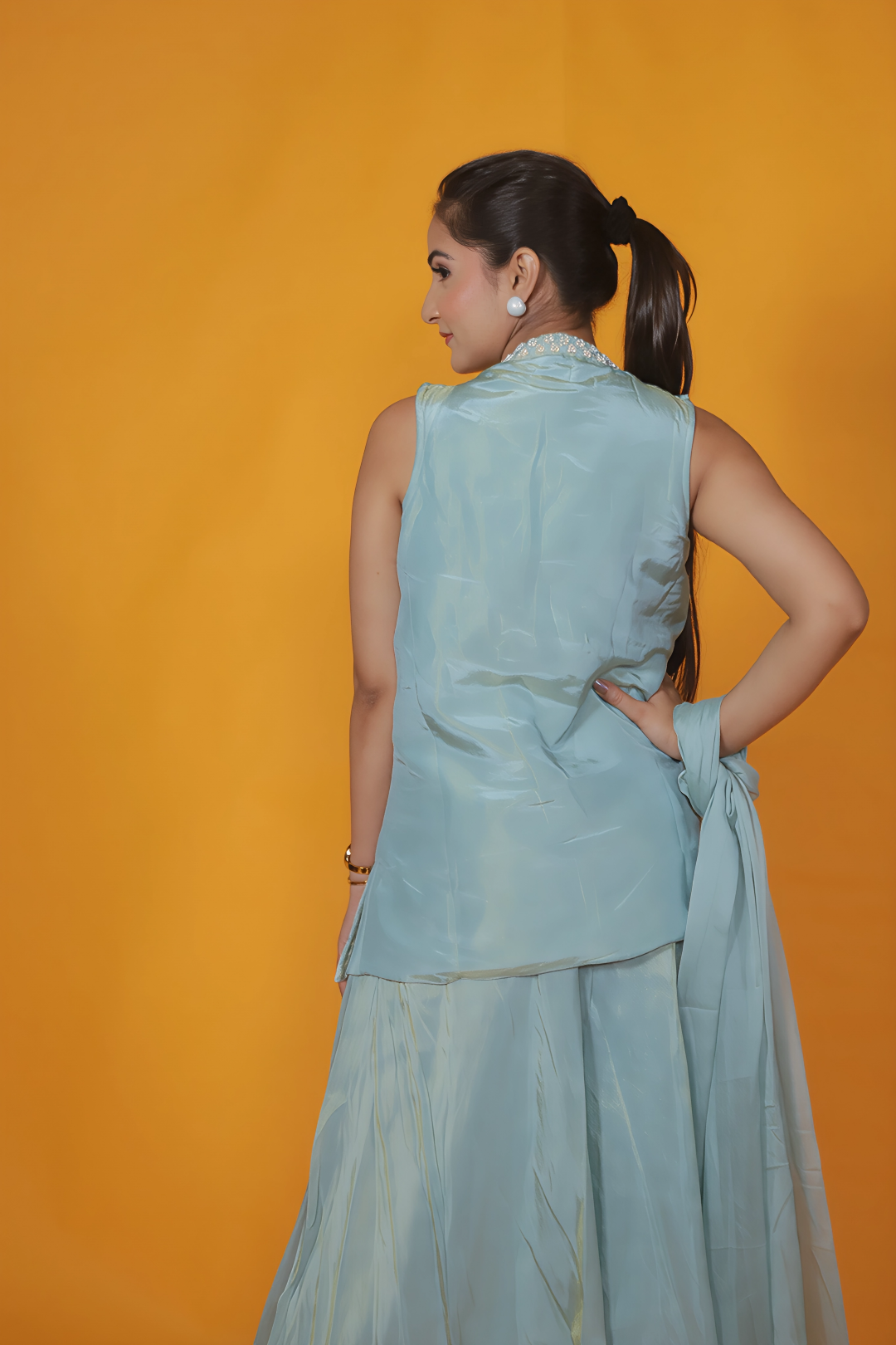 Sky Blue Mosh Silk Jacket with Thread & Stone Work, Palazzo & Dupatta