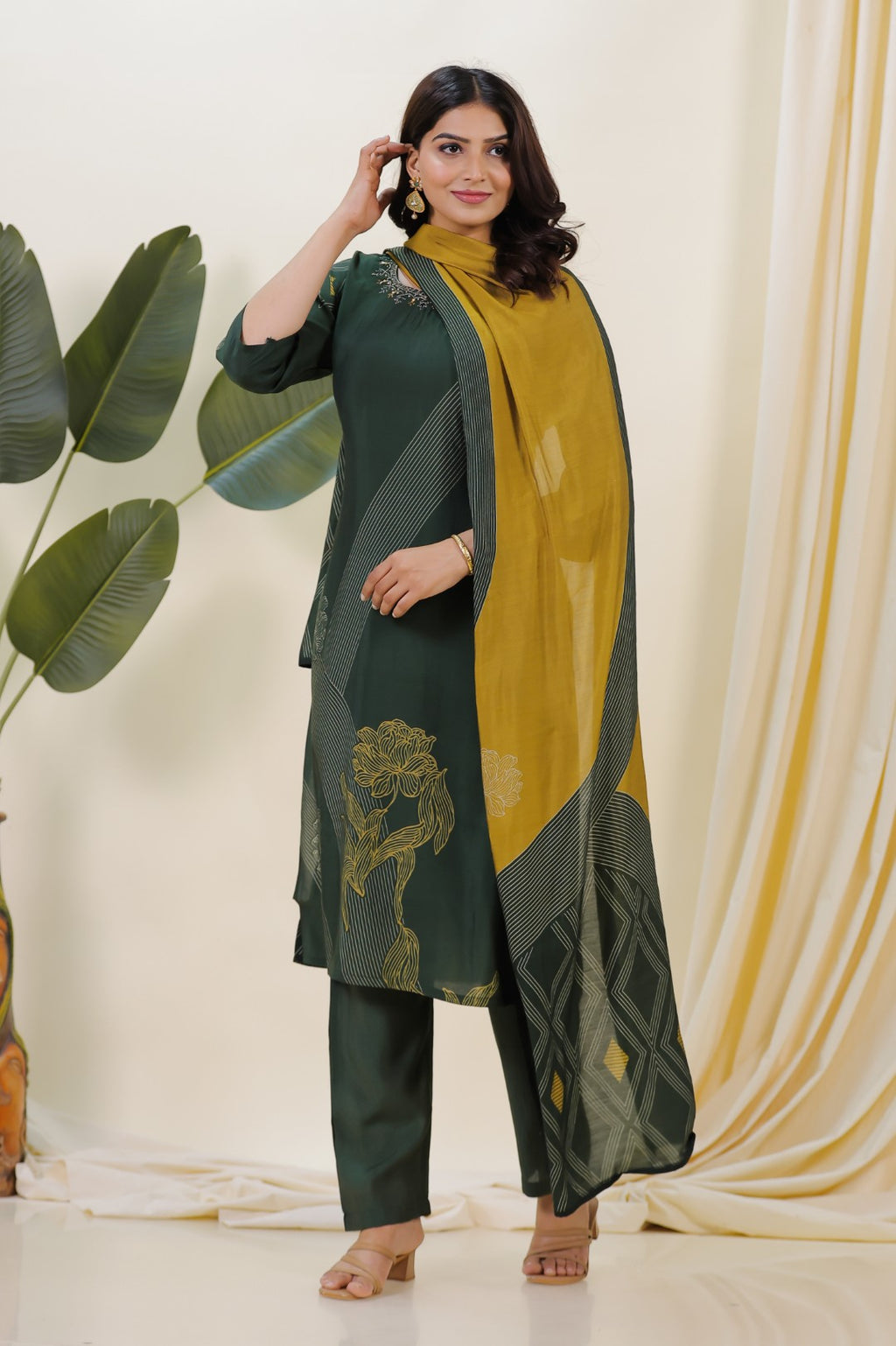 Dark Green Muslin Printed Handwork Suit with Bottom & Dupatta