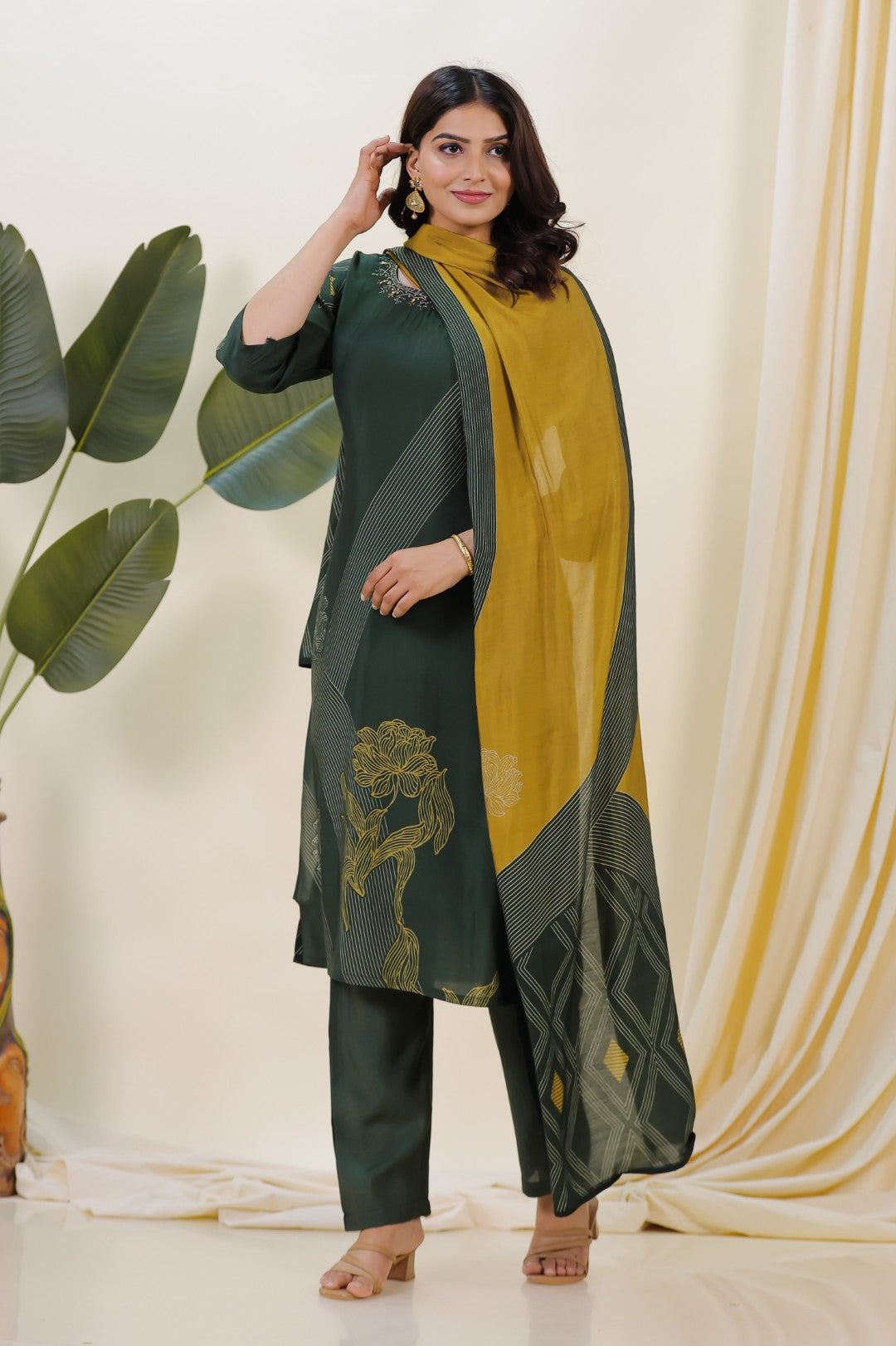 Dark Green Muslin Printed Handwork Suit with Bottom & Dupatta