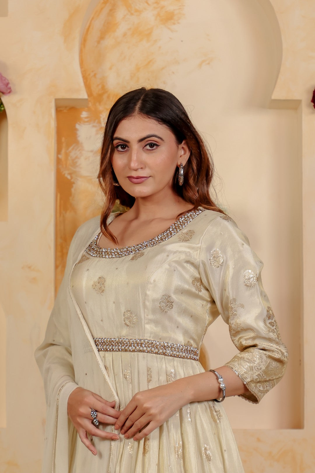 Off White Mosh Silk Banarasi Print with Belt, Gown & Dupatta