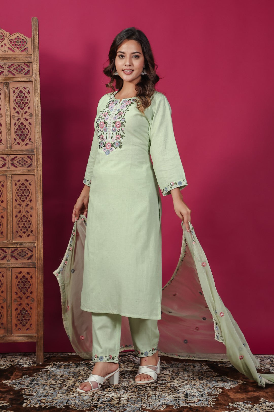 Pista Green Linen Cotton Suit with Thread Embroidery, Bottom & Dupatta