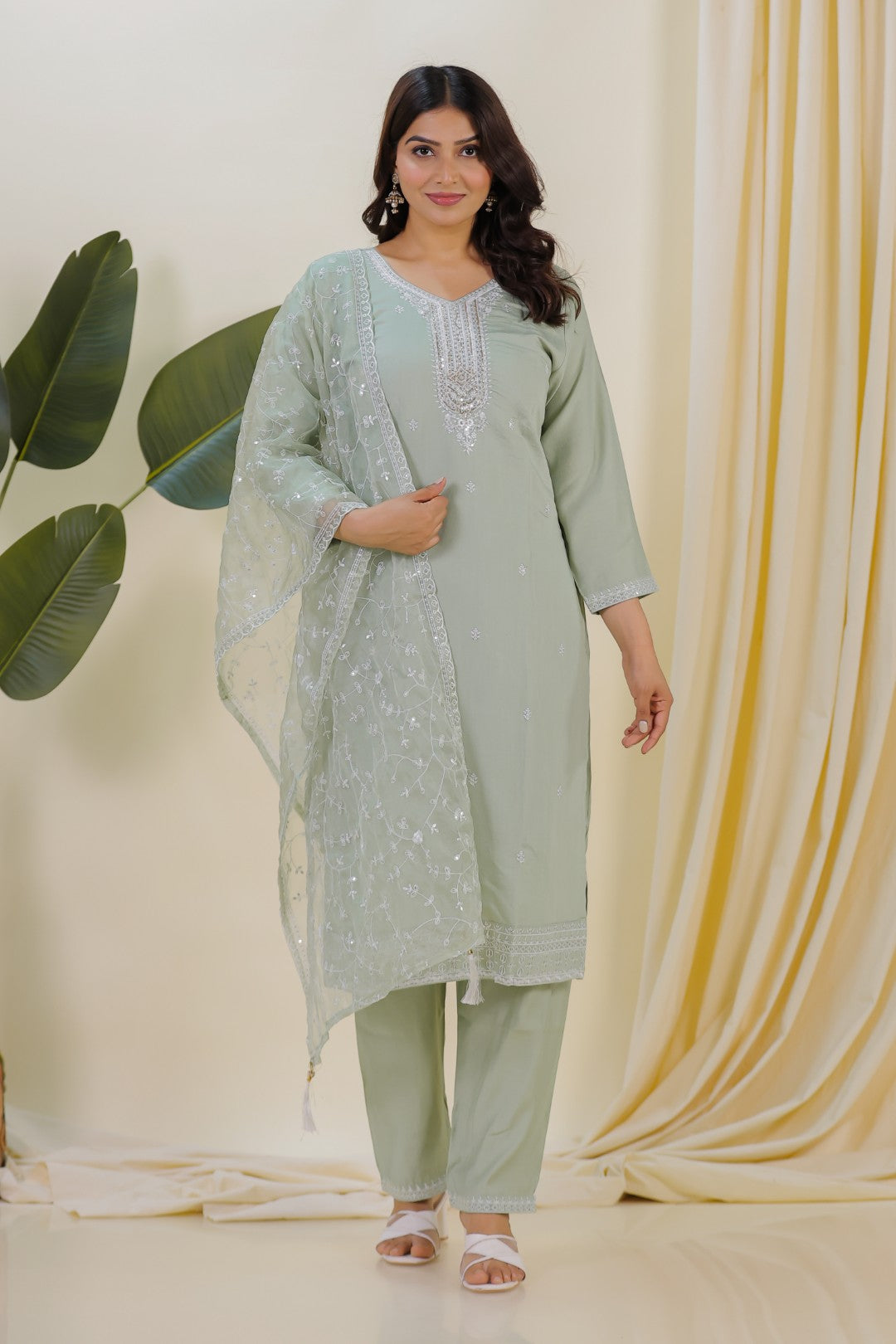 Pista Green Muslin Suit with Thread Work, Straight Pant & Dupatta
