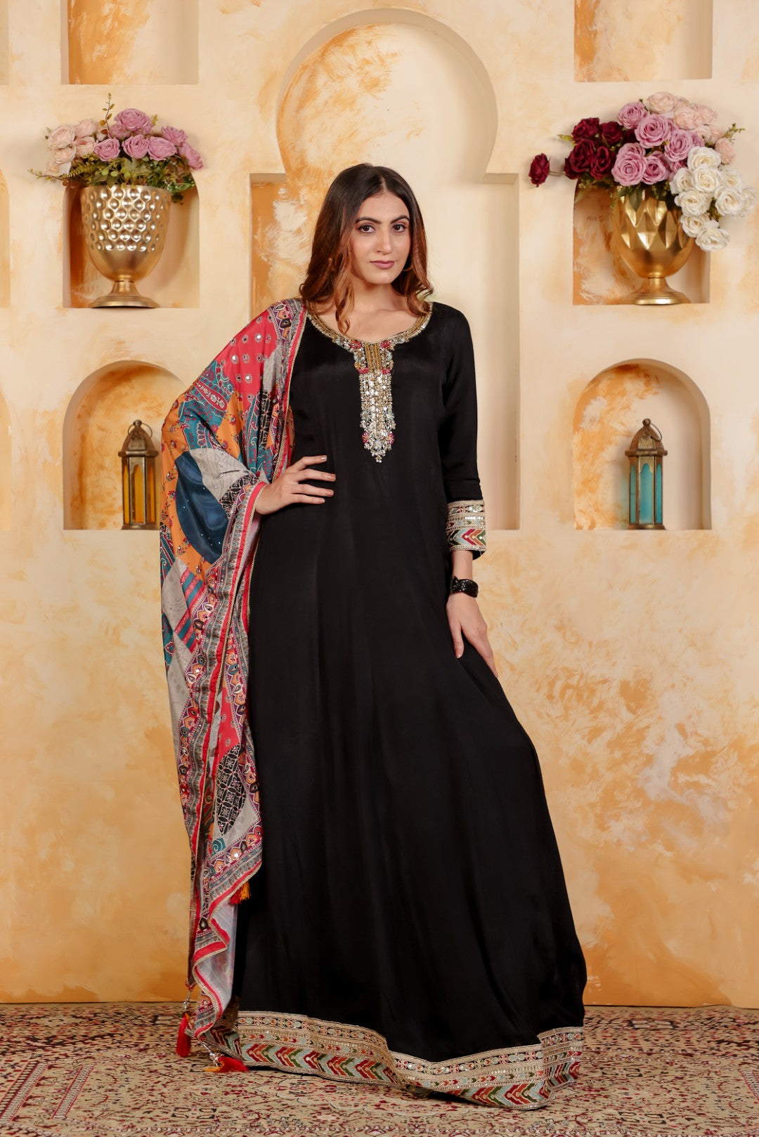 Black Pure Chinon with Zari Handwork Gown & Dupatta
