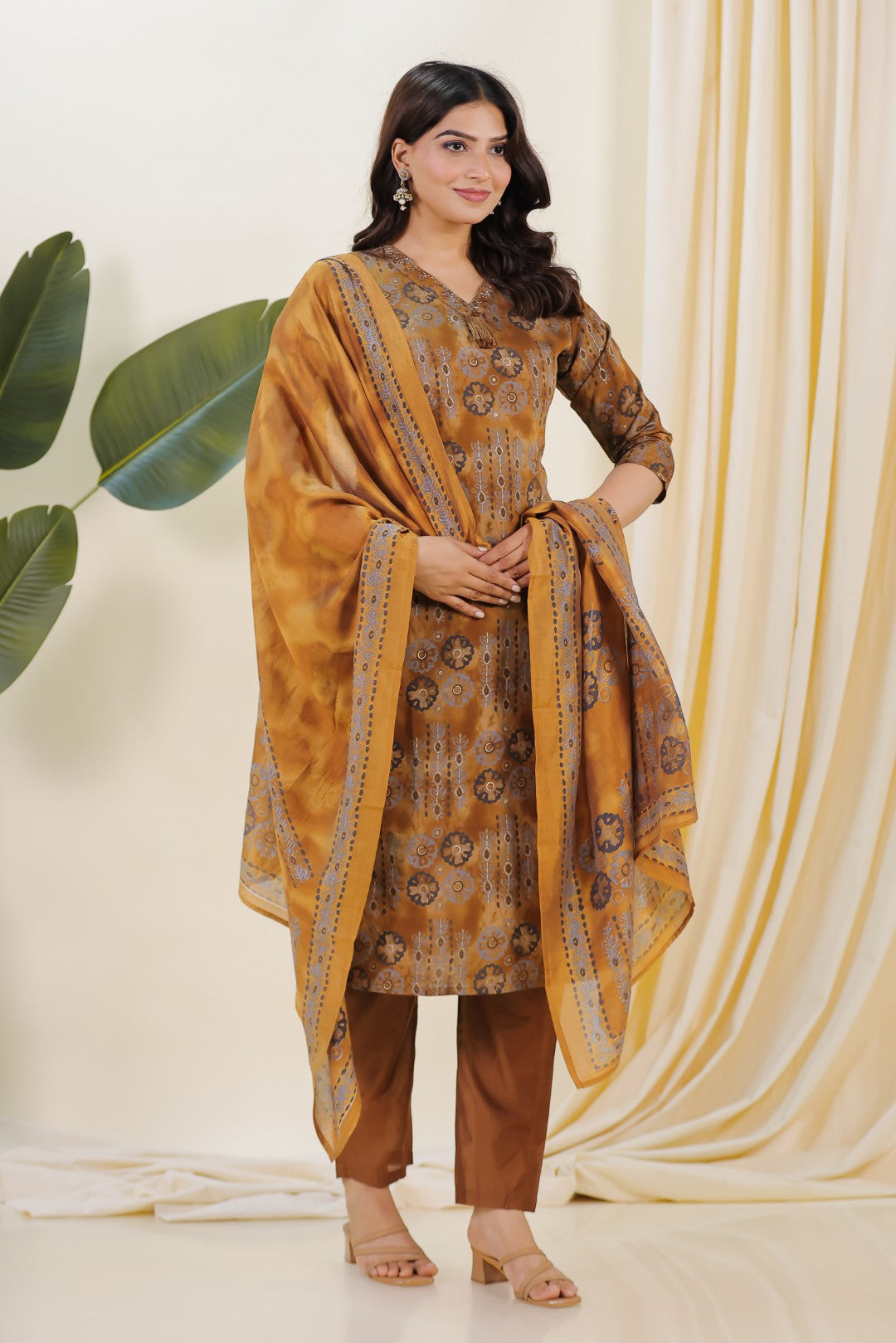 Brown Muslin Printed Suit with Piping Neck Work, Bottom & Dupatta