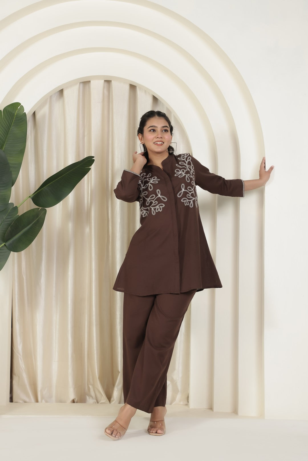 Coffee Brown Jute Linen Co-ord Set with Thread Handwork