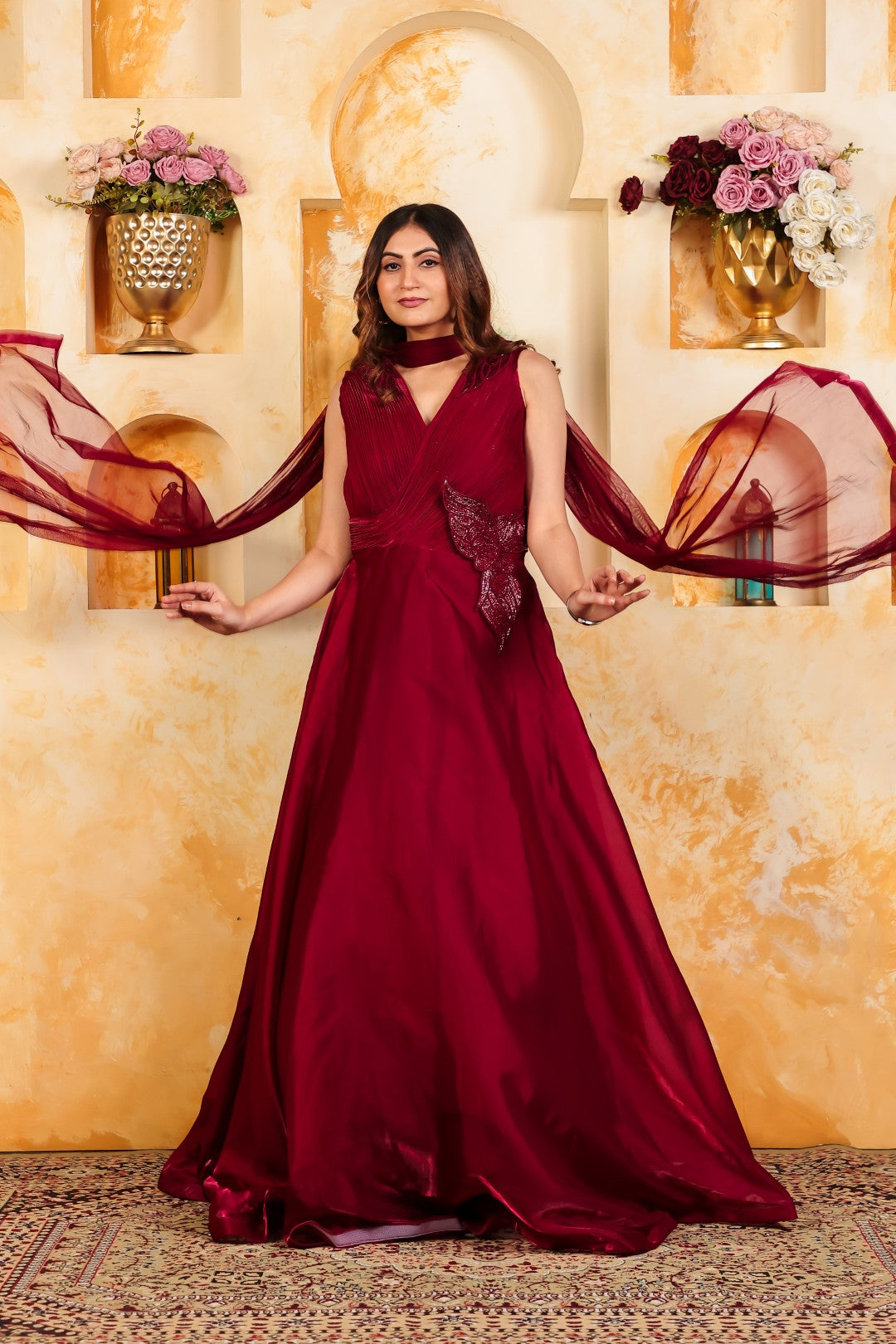 Maroon Jimmy Choo Fancy Stylish Gown & Dupatta