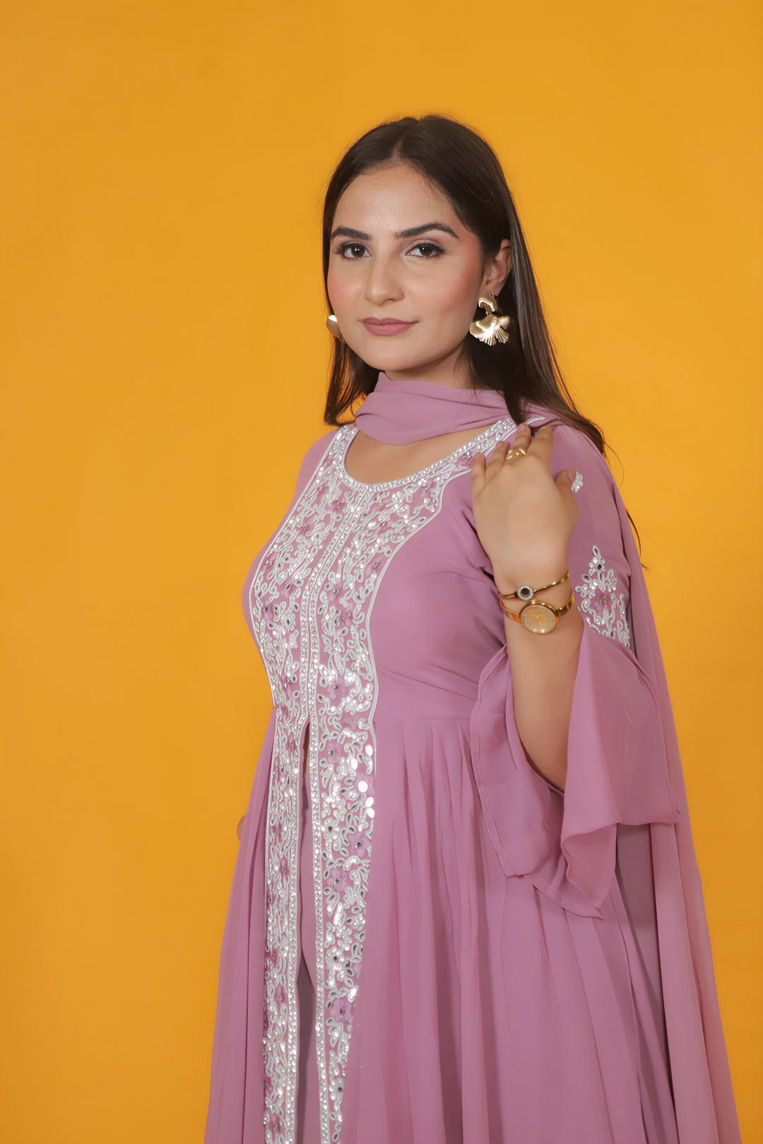 Lavender Georgette Top with Thread Work, Bottom & Dupatta
