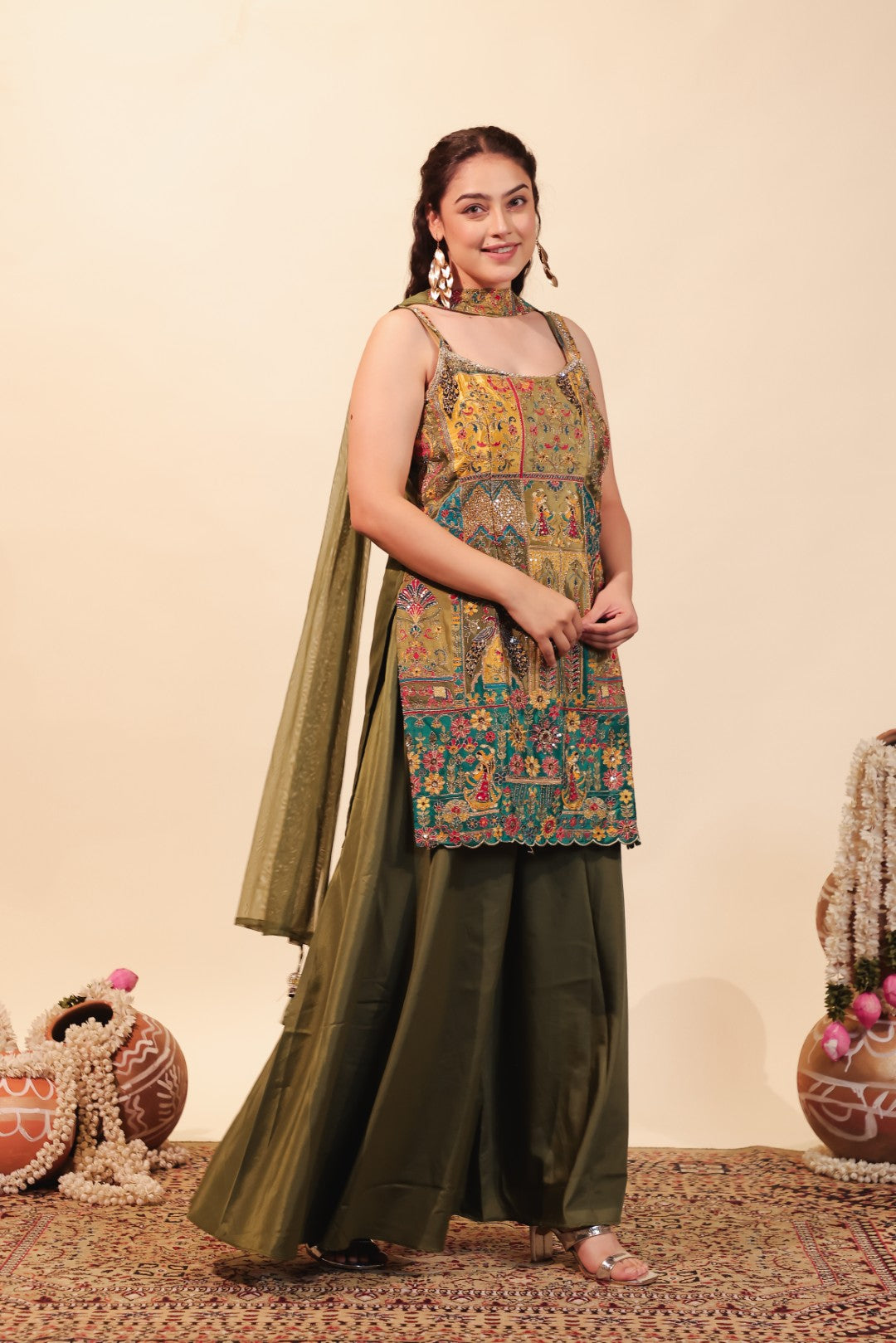 Mehendii Green Crepe Silk Suit with Position Printed & Zari Work, Sharara & Dupatta