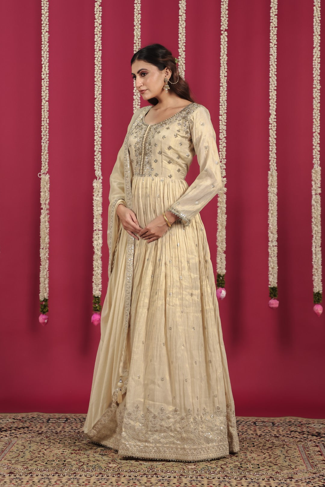 Golden Off White Mosh Silk with Zari Work Gown & Dupatta