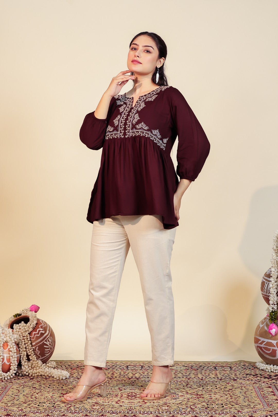 Dark Brown Rayon Thread Work Top