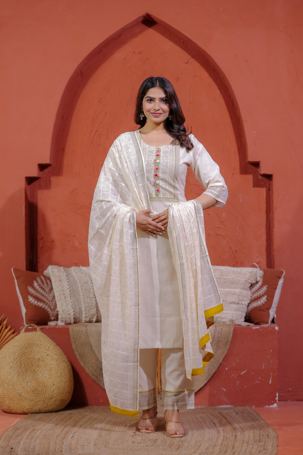 Off White Khadi Cotton Suit with Embroidered, Bottom & Dupatta