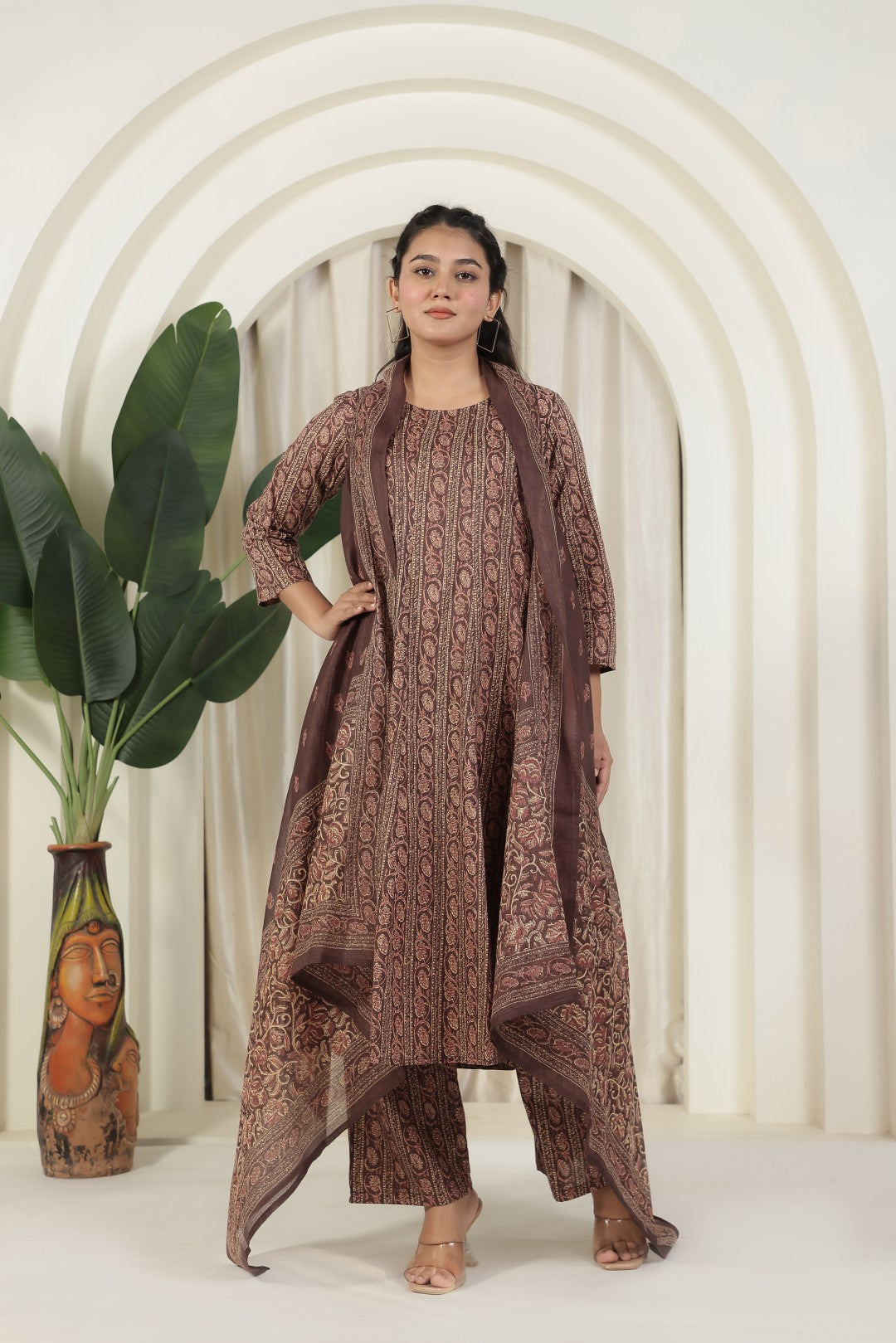 Chocolate Brown Cotton Printed Suit and Paired with a Matching Pant & Dupatta
