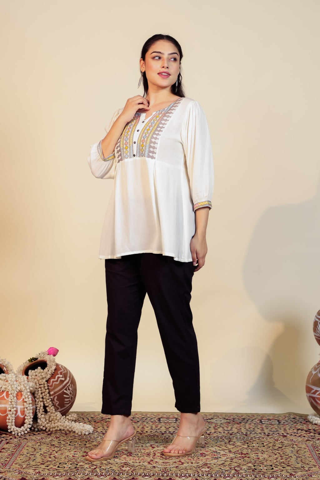 Off White Wrinkled Rayon Thread Work Top