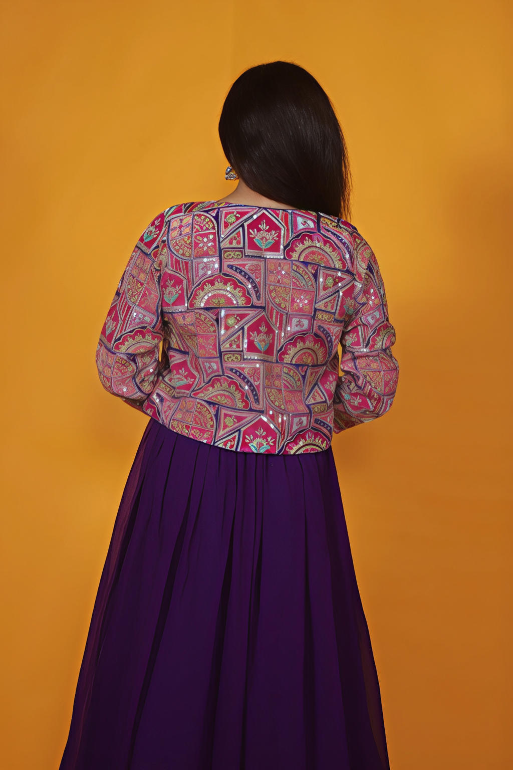 Purple Georgette with Handwork, Position Printed Jacket & Gown