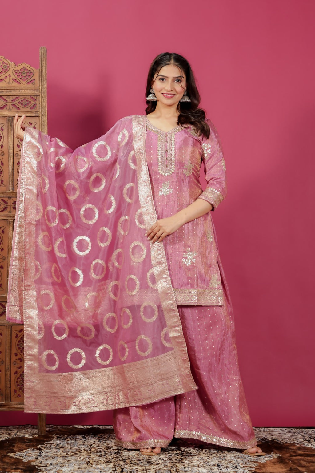 Pink Mosh Silk Suit with Banarsi Work, Palazzo & Dupatta