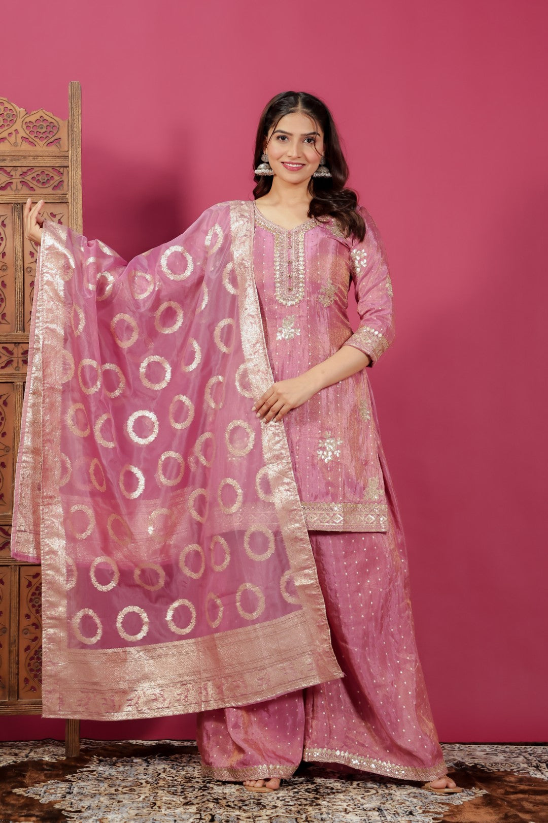 Pink Mosh Silk Suit with Banarsi Work, Palazzo & Dupatta