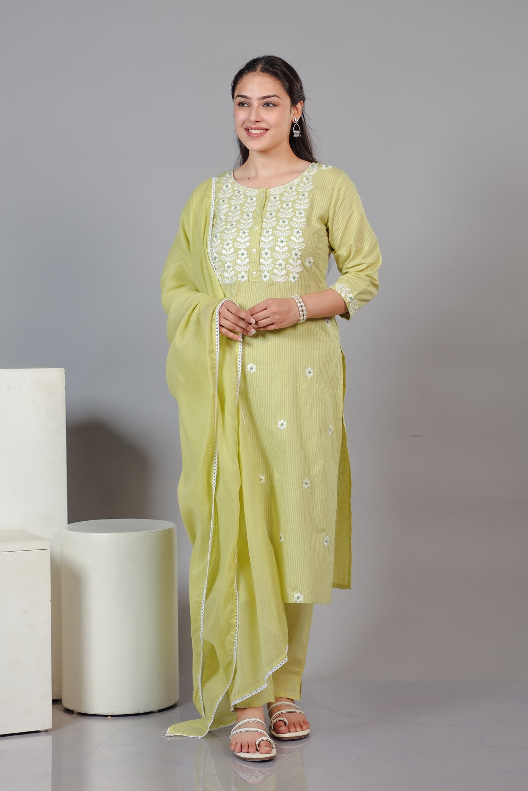 Light Green Cotton Suit with Fine Thread Work, Bottom & Dupatta