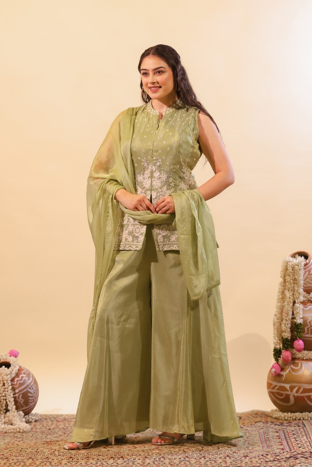 Pista Green Mosh Silk Jacket with Thread & Stone Work, Palazzo & Dupatta