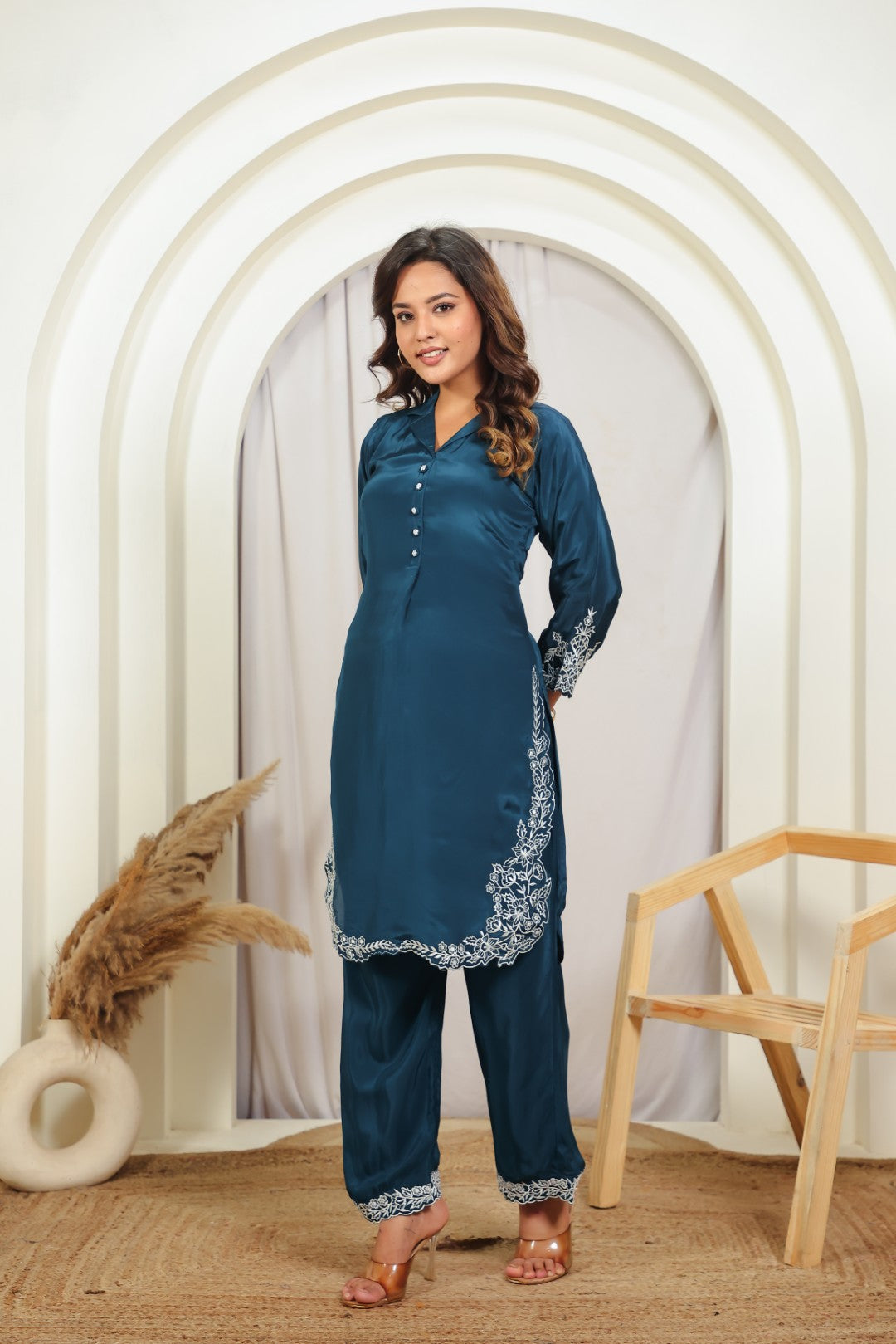 Diesel Blue Crepe Silk with White Thread Work Co-ord Set