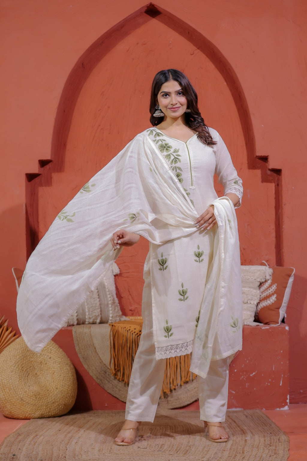 Off White Super Net Cotton Suit with Foil Floral Print, Bottom & Dupatta