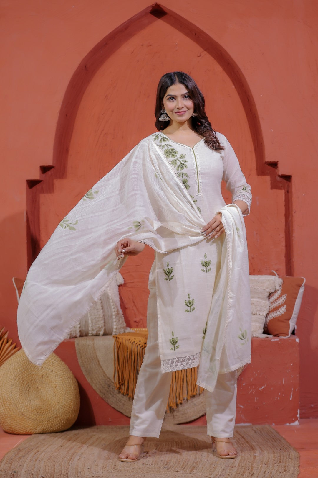 Off White Super Net Cotton Suit with Foil Floral Print, Bottom & Dupatta