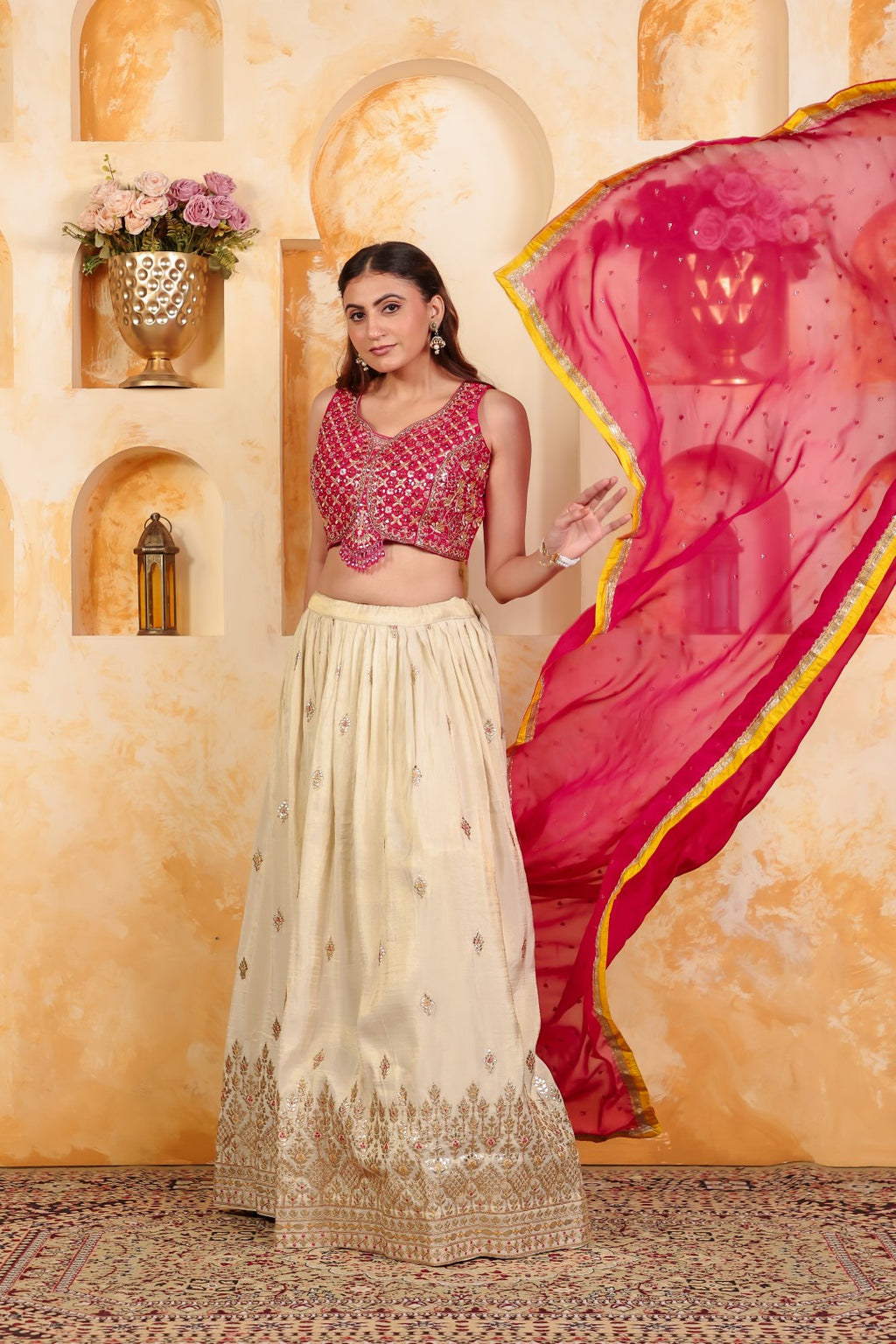 Rani Pink Dola Silk Blouse with Zari Mirror Work, Gotta Zari Work Lehenga with Dupatta