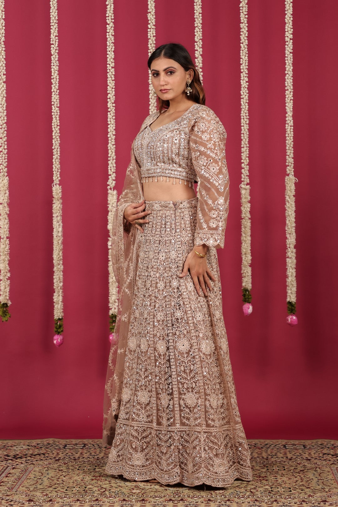 Light Brown Net Blouse with Full Zari, Mirror & Stone Work, Lehenga & Dupatta
